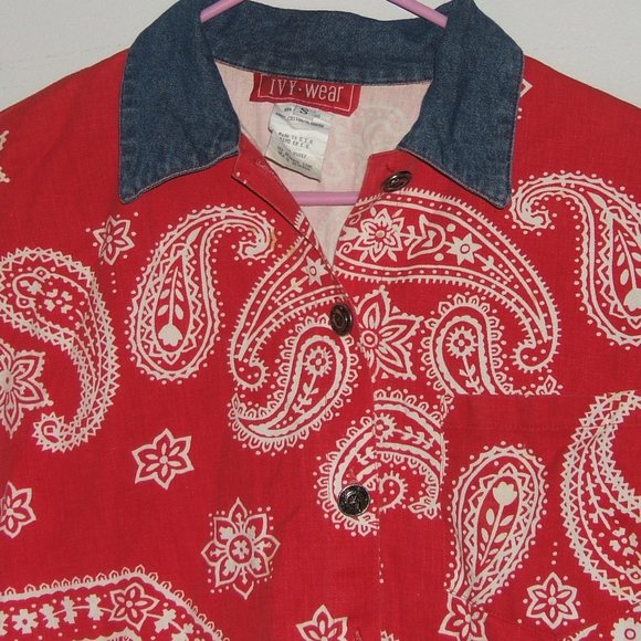 Ivy Wear Vintage 70 Red White Denim Western Horseshoe Buttons 100% Cotton Small. - Picture 3 of 11